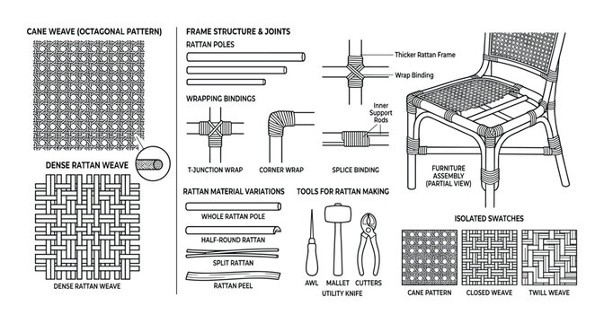 Rattan furniture making steps detailed diagram, cane weave structure, frame joints, material variations, and craft tools, isolated vector illustration
