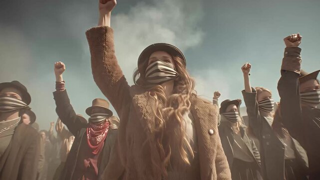 Group of Silenced Women with Taped Mouths Raising Fists in Protest