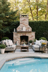 Fototapeta premium Stunning covered outdoor patio pavilion featuring a grand stone fireplace, comfortable lounge seating, and a beautiful sparkling swimming pool for luxury entertainment.