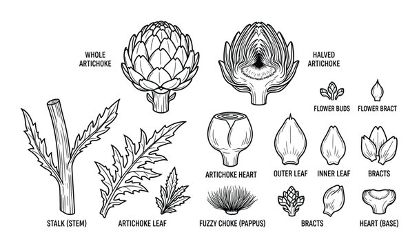 Anatomy of artichoke showing whole bud stalk heart and leaf components in line art
