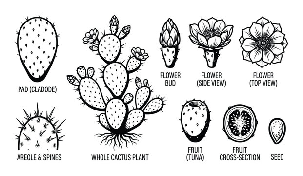 Cactus botanical anatomy diagram and prickly pear plant parts set