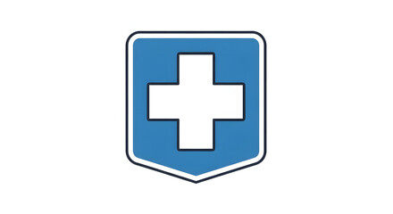 Fototapeta premium A blue shield with a white cross on a plain white background symbolizes protection and medical care.
