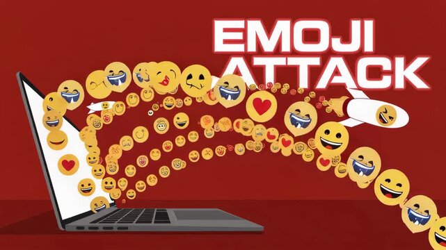 Emoji Attack: A laptop is under emoji attack, with a wave of diverse emojis escaping from it and forming a playful rocket, embodying the surge of communication in digital age.
