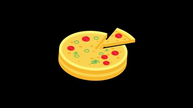 Vibrant isometric pizza pie with a single triangular slice separated, featuring classic red and green toppings.
