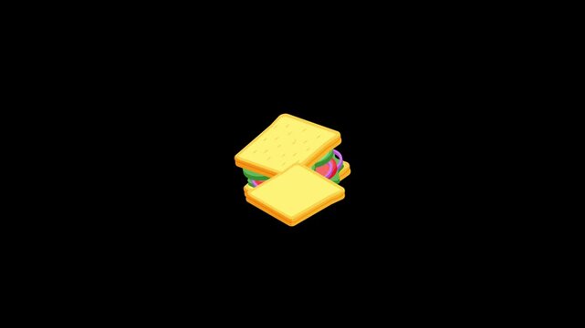 Isometric cartoon illustration of a colorful layered sandwich with square bread slices against black background