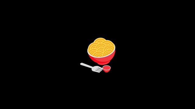 Delicious cartoon illustration of yellow noodles in a red bowl with a fork and small sauce dish
