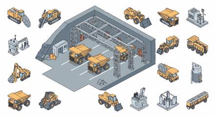 Isometric Mining Industry Equipment and Vehicles Collection. © berkah nikah
