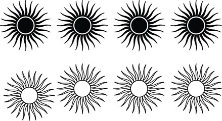 Sun symbol silhouettes collection, abstract solar icons with radiant rays isolated black vector illustration for summer logo design