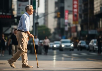 Fototapeta premium Mature gentleman walks across a city street using a wooden support cane