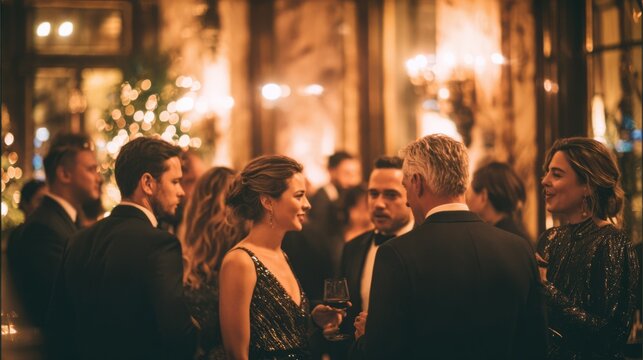 Group of elegantly dressed people socializing at a formal evening event with warm ambient lighting and sophisticated attire