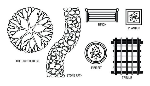 Landscape design elements set including tree outline stone path bench planter fire pit and trellis