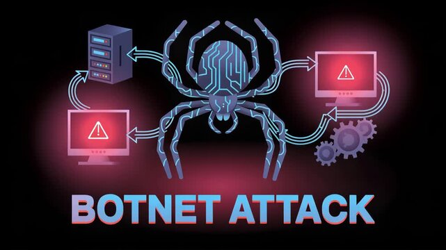 Botnet Attack: An abstract illustration depicts a botnet attack with a central spider design and connected computer systems, signifying cyber threats.