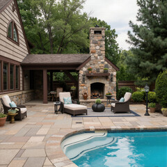Fototapeta premium Spectacular luxury residential backyard featuring a stunning stone patio, a grand outdoor fireplace, a covered dining area, and a pristine swimming pool.