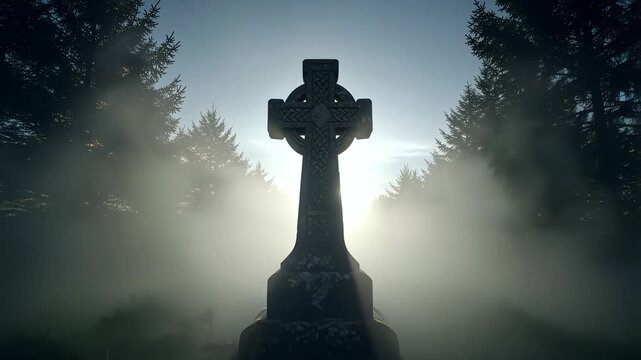 Ancient weathered stone celtic cross monument stands solemnly silhouetted against the bright sunrise or sunset mist in a dark forest setting.