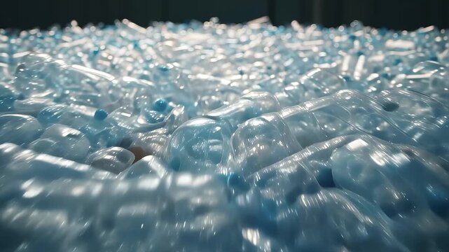 Massive quantity of clear plastic water bottles densely packed together moving along a bright industrial recycling conveyor belt mechanism ready for processing.