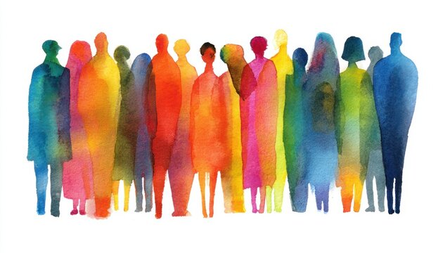 Group of people standing in a line painted with rainbow colors watercolor style