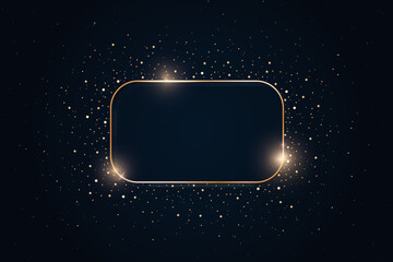 Obraz premium Gold shiny glowing vintage frame with shadows on dark golden glitter ambient blue background. Golden luxury realistic border with stars. Invitation, sale, party, card design. Vector illustration