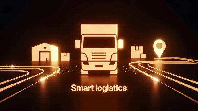 Smart Logistics Illustrated: A modern illustration depicting the efficiency of smart logistics, with a streamlined truck, a warehouse, and a location marker.
