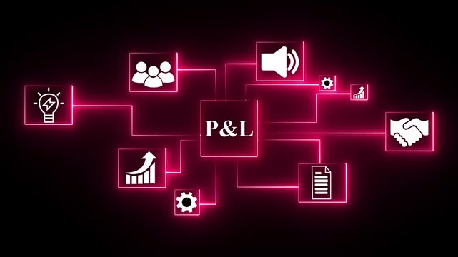 Cloud P&L network diagram with glowing neon icons for business growth customer service teamwork and cyber security on black background. 4k animation video.
