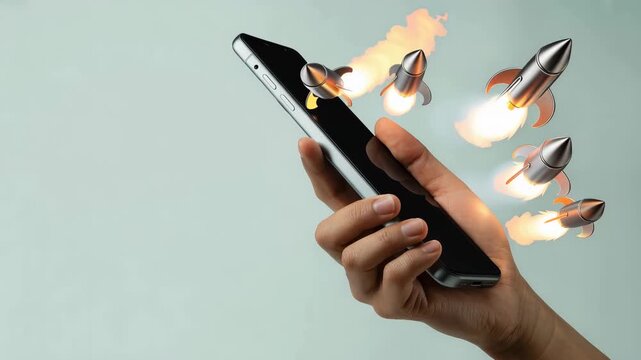 Tech Innovation in Hand: A hand grasps a sleek smartphone as miniature rockets launch from its surface, symbolizing rapid innovation, technological advancement, and soaring potential. 