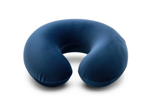 Comfortable navy blue travel pillow for neck support isolated on a white backdrop enhancing relaxation during journeys and flights with soft material