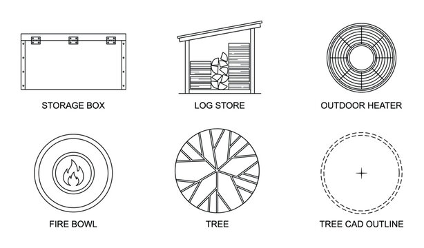 Top view landscape plan drawing with storage box, log store, outdoor heater, fire bowl with flame, tree, and tree cad outline