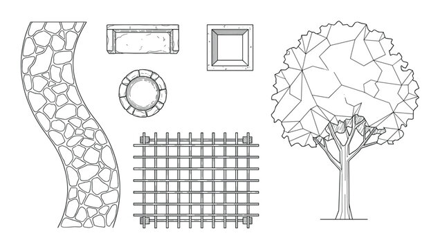 Top view landscape plan drawing with stone path, bench, fire pit, square pit and tree