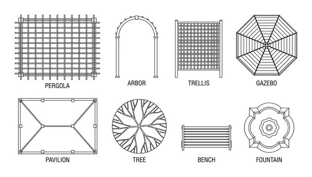 Outdoor garden structure icons featuring gazebo pavilion fountain and bench