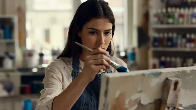 Creative Brushstrokes: A focused artist, brush in hand, meticulously paints on canvas in a well-lit studio, fully immersed in the art of creation and self-expression.
