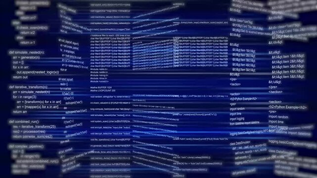 Futuristic Multi Language Codes Flow In 3D Perspective With Blue Digital Motion. Multiple Coding Scripts Creating A Sense Data Processing, And Advanced Technology.