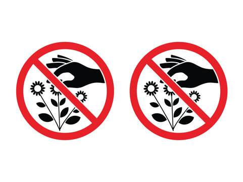 No plucking plants warning sign illustration, prohibition vector icon preventing picking flowers blossoms in parks gardens and nature areas.