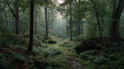 Fototapeta premium Lush green forest path with dappled sunlight illuminating trees