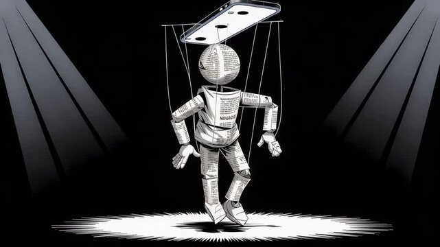 The Art of Control: A puppet marionette, crafted from newsprint, is illuminated by spotlights, its movements guided by invisible strings, symbolizing control and manipulation.