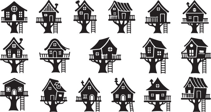 Whimsical Treehouse Illustrations in Black and White