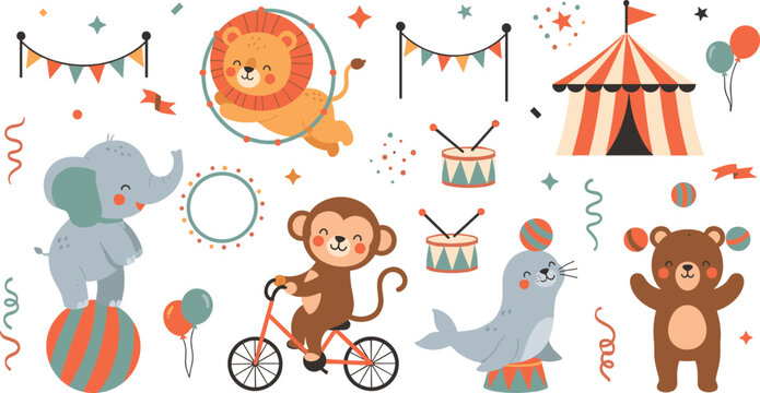 Cute circus animals vector illustration set with lion elephant monkey seal bear tent and carnival party elements isolated on white background for children.Cute circus animals vector illustration set w