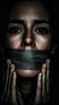 Woman with Taped Mouth Symbolizing Censorship and Silence