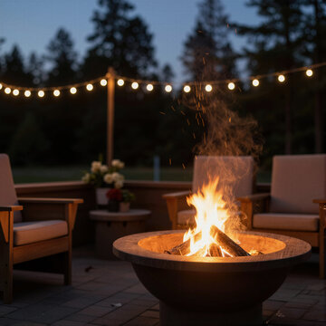 Cozy outdoor fire pit burning brightly in a beautiful residential backyard patio at night, surrounded by comfortable seating and warm glowing string lights.