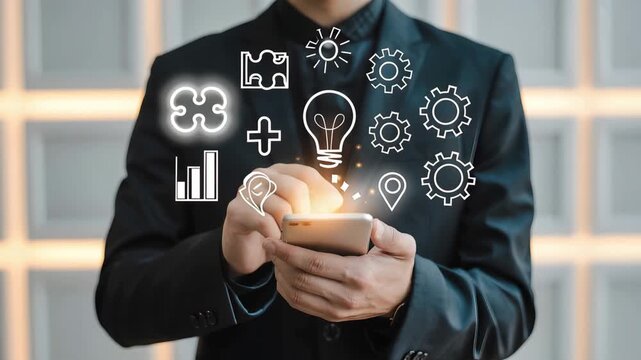 Unveiling Innovations: A modern professional in a sleek business suit holds a smartphone, interacting with holographic icons representing various technological and business concepts.