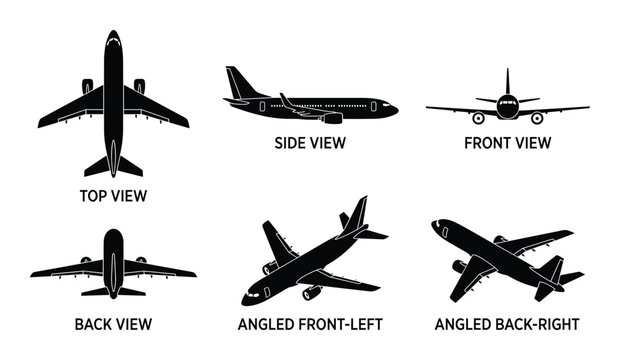 Airplane silhouette collection from different angles including top side and front views