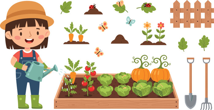 Cute Little Gardener Girl Watering Vegetable Garden with Pumpkins, Cabbage, Carrots, Flowers and Gardening Tools Cartoon Vector IllustrationCute Little Gardener Girl Watering Vegetable Garden with Pum