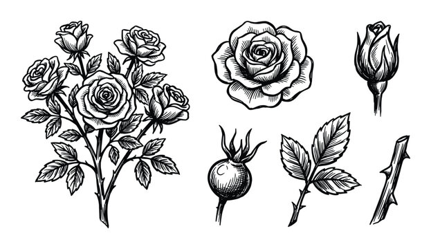 Collection of hand-drawn rose illustrations including a bouquet, single bloom, bud, leaves, stem, and rosehip