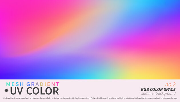 Holographic UV mesh gradient background no.2. Abstract vibrant neon liquid texture with iridescent pastel purple and orange colors for modern branding design.