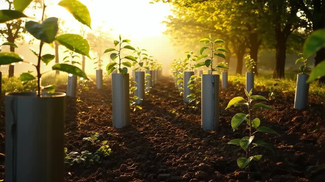 Rows of newly planted saplings protected by cylindrical guards stand bathed in the warm glow of the early morning sunrise in an orchard setting.