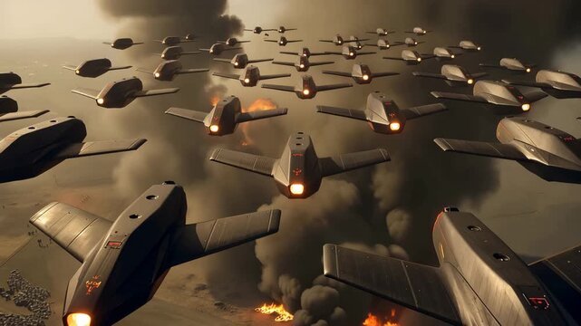 Aerial Armada: A squadron of futuristic aircraft soaring through a turbulent, smoky sky. Depicting aviation technology and potential industrial conflict.