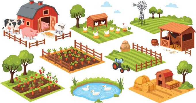 Cute isometric farm vector illustration set with red barn animals tractor garden crops pond and windmill isolated on white background for children.Cute isometric farm vector illustration set with red 