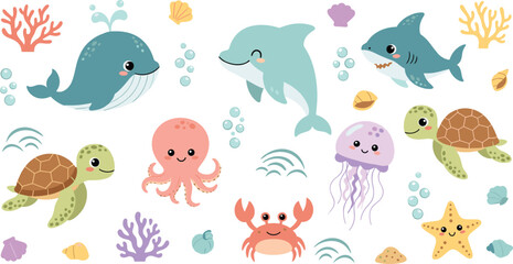 Cute Ocean Sea Animals Collection with Whale, Dolphin, Shark, Octopus, Turtle, Jellyfish, Crab and Starfish Underwater Cartoon Vector IllustrationCute Ocean Sea Animals Collection with Whale, Dolphin, © Md