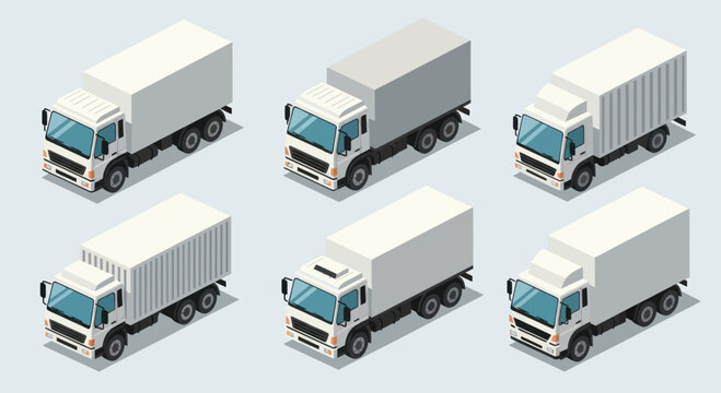 Set of six isometric delivery trucks in various designs.