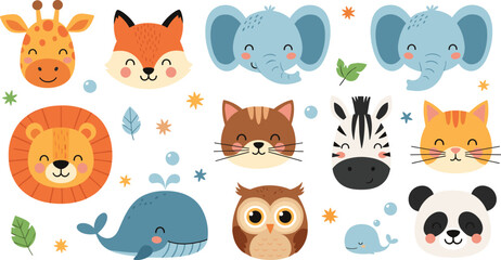 Naklejka premium Cute Safari and Zoo Animals Faces Collection with Lion, Elephant, Giraffe, Panda, Zebra, Fox, Owl and Whale Cartoon Vector IllustrationCute Safari and Zoo Animals Faces Collection with Lion, Elephant,