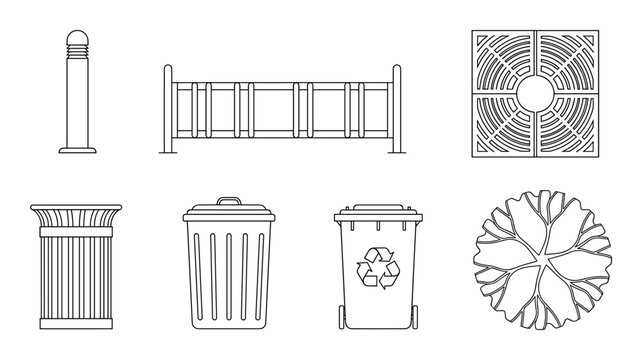 Top view outline icons of street furniture and plants for landscape design