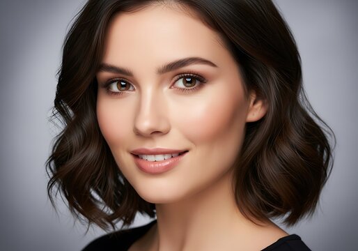 Attractive young woman with dark wavy hair smiles gently against a muted background